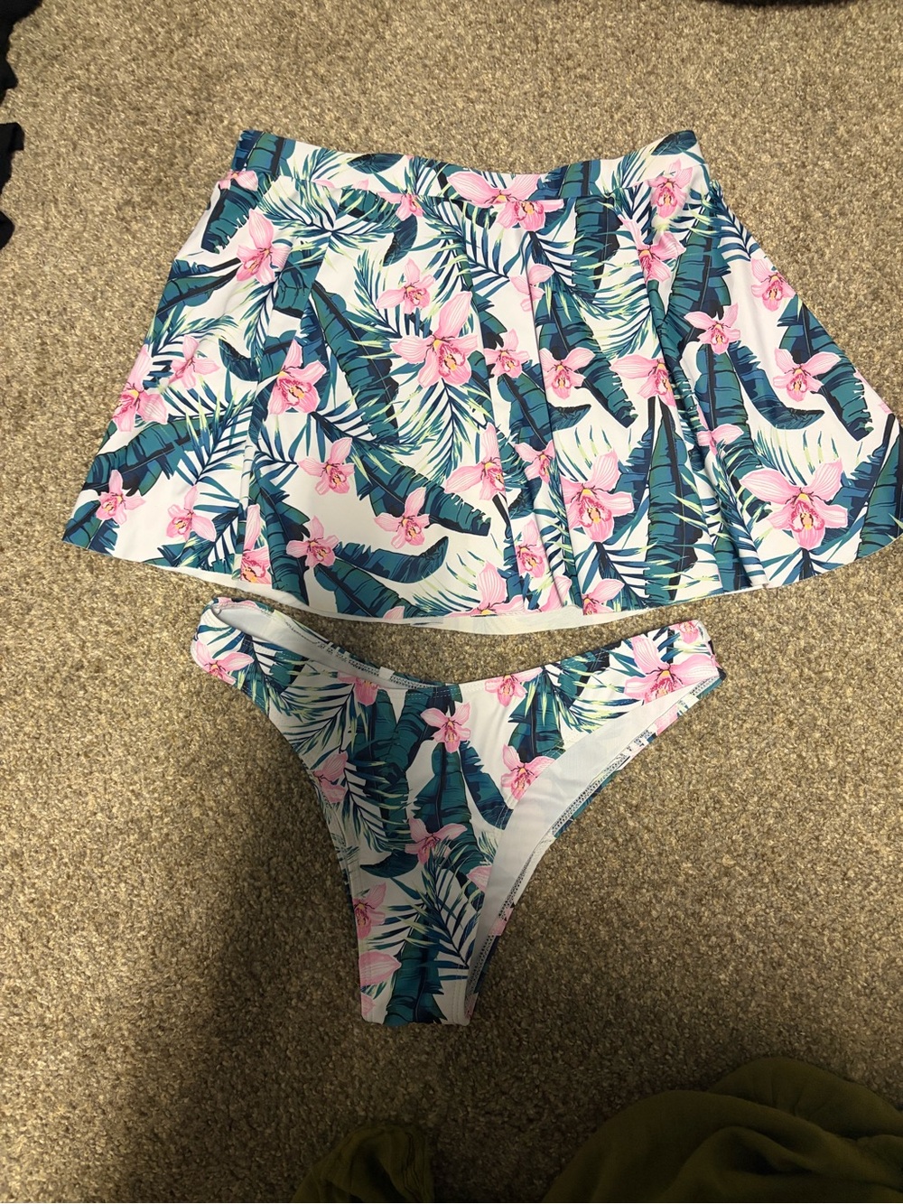 White Tropical Floral Swim Bikini Bottom with Skirted Cover